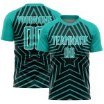 Custom Black Aqua-White Stars Sublimation Soccer Uniform Jersey Custom Black Aqua-White Stars Sublimation Soccer Uniform Jersey