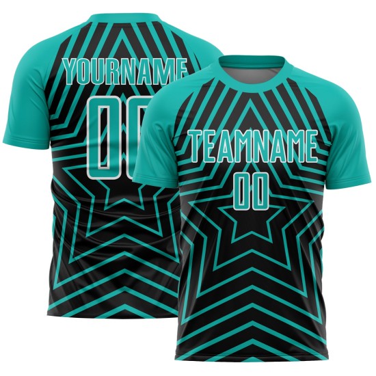 Custom Black Aqua-White Stars Sublimation Soccer Uniform Jersey Custom Black Aqua-White Stars Sublimation Soccer Uniform Jersey