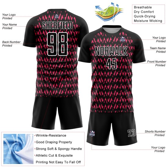 Custom Black Hot Pink-White Abstract Geometric Pattern Sublimation Soccer Uniform Jersey Custom Black Hot Pink-White Abstract Geometric Pattern Sublimation Soccer Uniform Jersey