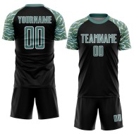 Custom Black Midnight Green-White Curved And Wavy Lines Sublimation Soccer Uniform Jersey Custom Black Midnight Green-White Curved And Wavy Lines Sublimation Soccer Uniform Jersey