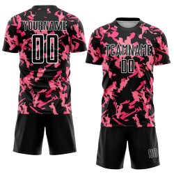 Custom Black Pink-White Abstract Geometric Pattern Sublimation Soccer Uniform Jersey Custom Black Pink-White Abstract Geometric Pattern Sublimation Soccer Uniform Jersey