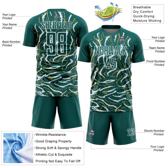 Custom Midnight Green White Curved And Wavy Lines Sublimation Soccer Uniform Jersey Custom Midnight Green White Curved And Wavy Lines Sublimation Soccer Uniform Jersey