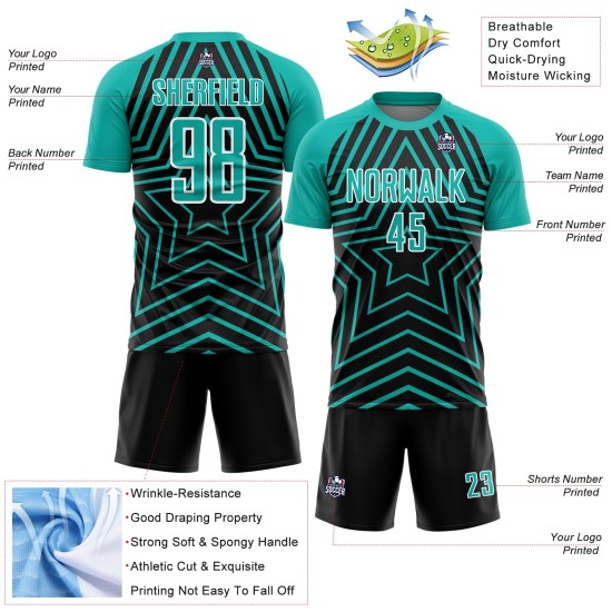 Custom Black Aqua-White Stars Sublimation Soccer Uniform Jersey Custom Black Aqua-White Stars Sublimation Soccer Uniform Jersey